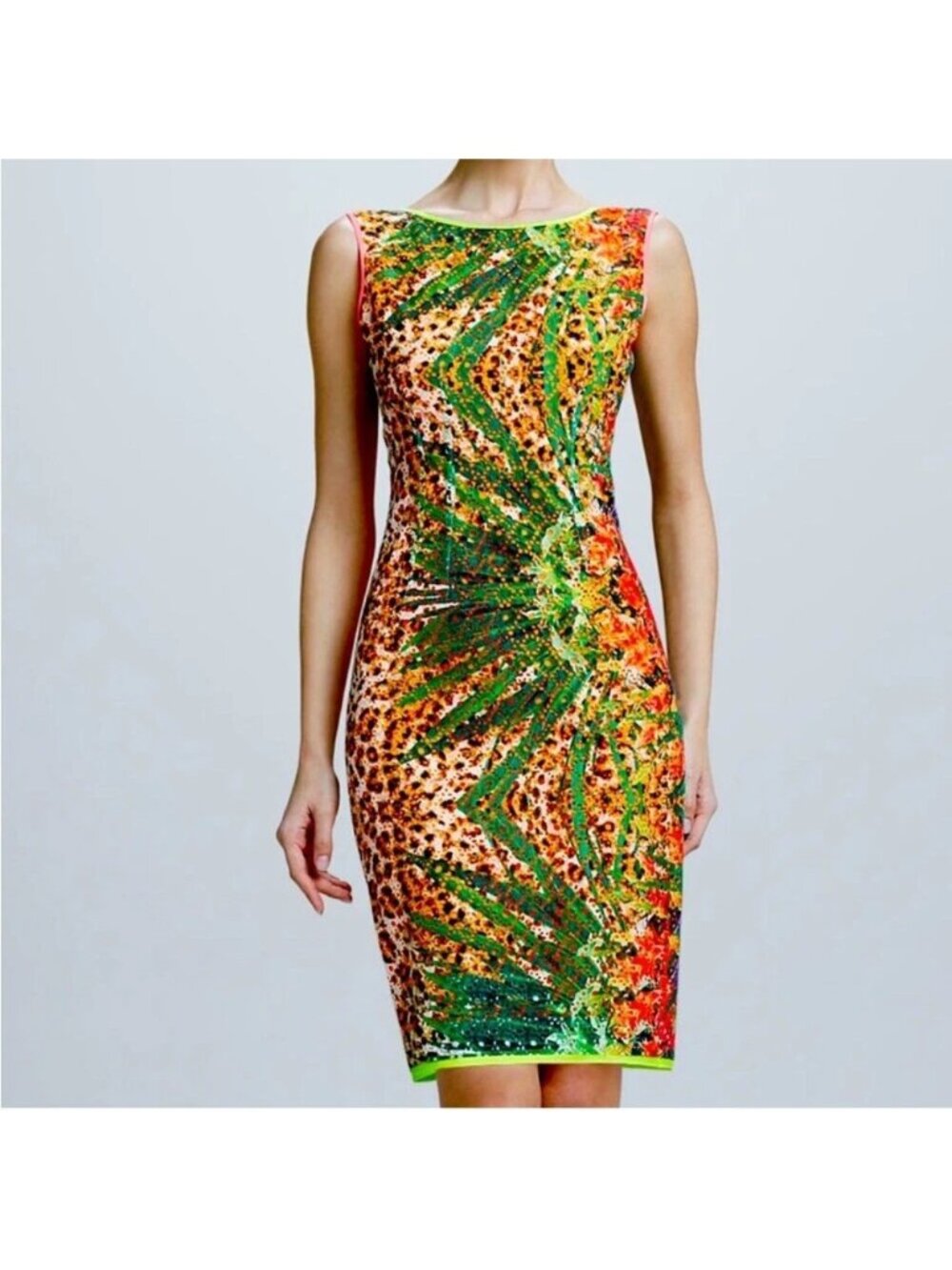 EUC Elie Tahari Claudia Fun neon tropical print eyelet lace sheath dress size 8